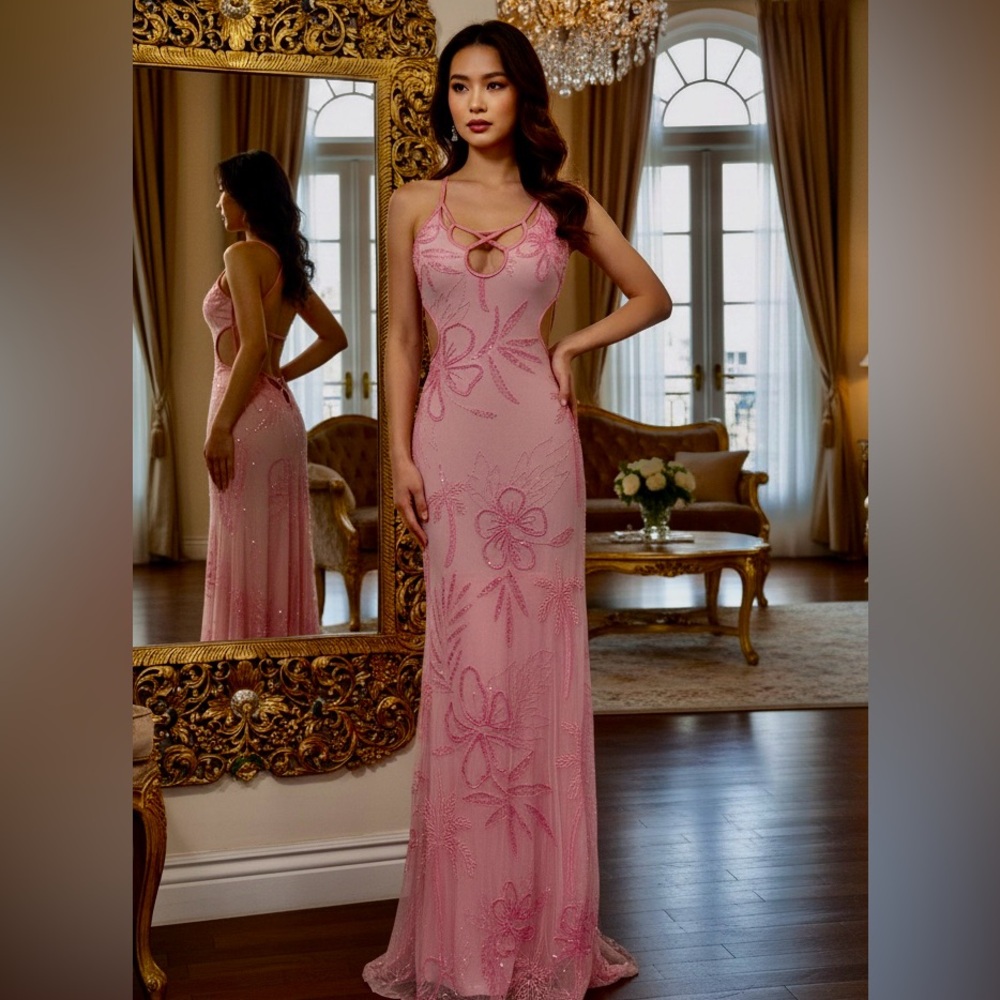 Attitudes by Debra‎ chic Pink hand beaded long Dress